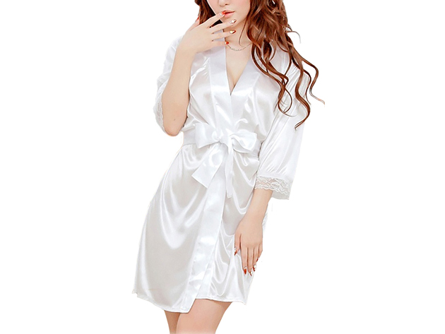 Satin Robe with Lace-Tipped Sleeves (White)