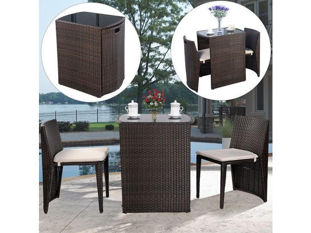 Costway 3 Piece Cushioned Outdoor Wicker Patio Set Garden Lawn Sofa Furniture Seat Brown