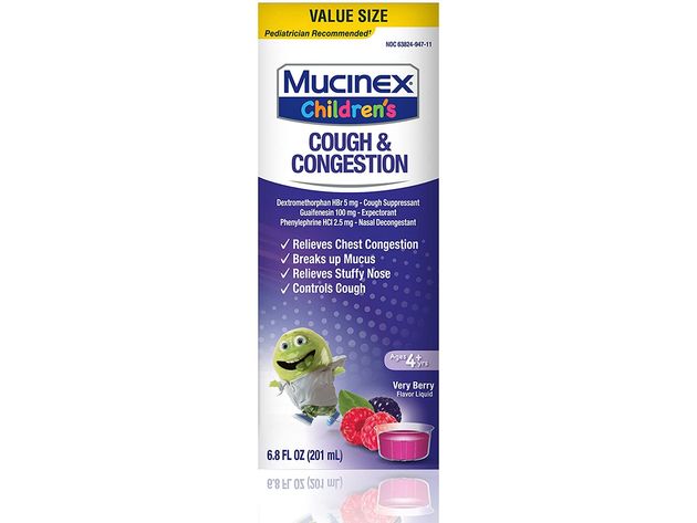 Mucinex Children's Berrylicious Congestion and Cough Liquid for Chest Congestion Relief, Stuffy Nose Relief, Mucus, and Cough Control, 6.8 Fluid Ounces