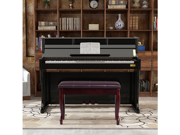 Costway Solid Wood PU Leather Piano Bench Padded Double Duet Keyboard Seat Storage Brown - Brown
