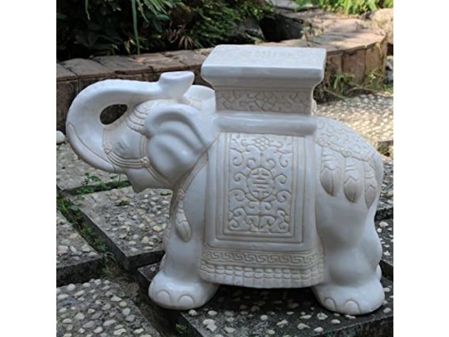 International Caravan Furniture Piece Large Porcelain Elephant Stool, White Wash (Refurbished, No Retail Box)