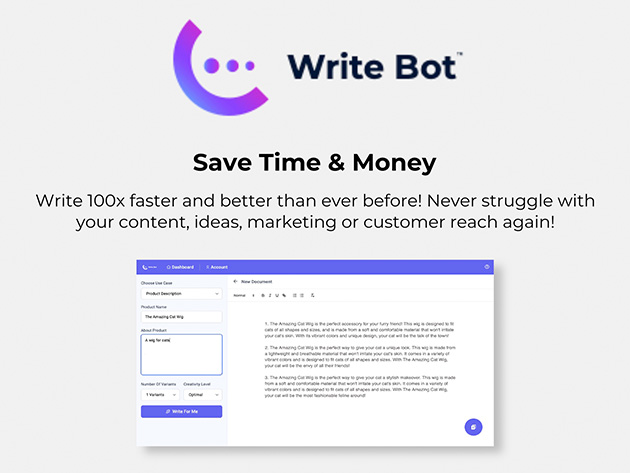 WriteBot™ Harness the Power of AI Content Creation: Lifetime Pro Subscription