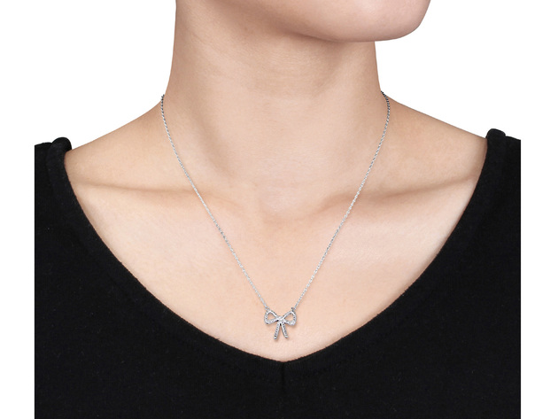 Bow Ribbon Pendant Necklace in Sterling Silver with Chain with Accent Diamonds