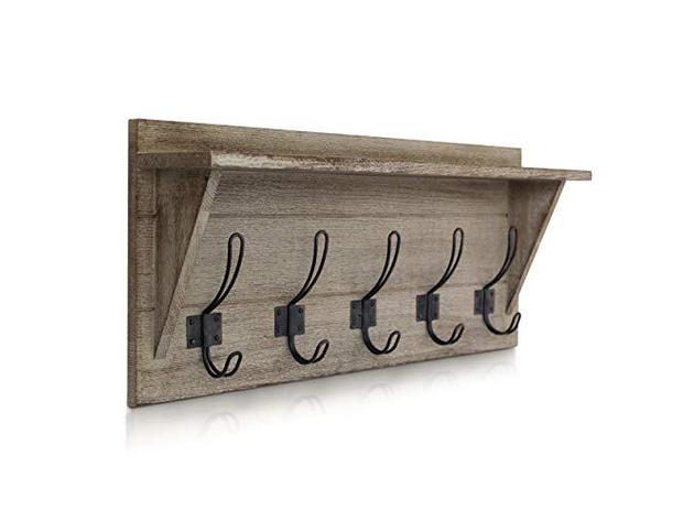 Rustic Wall Mounted Coat Rack Shelf - Wooden Country 24" , 5 - Weathered Brown (Refurbished, No Retail Box)