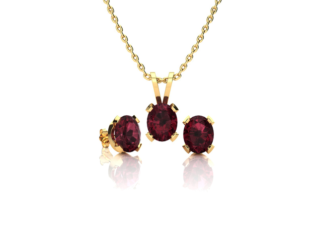 Oval Garnet Necklace & Earring Set In 14K Yellow Gold Over Sterling Silver