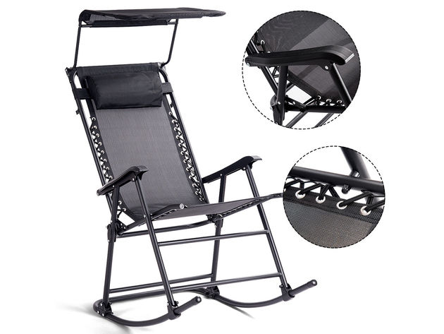 Costway Folding Rocking Chair Rocker Porch Zero Gravity Furniture Sunshade Canopy - Black
