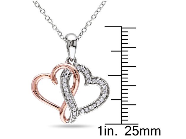 1/7 Carat (ctw I2-I3) Diamond Twin Heart Pendant in Rose Plated Sterling Silver with Chain