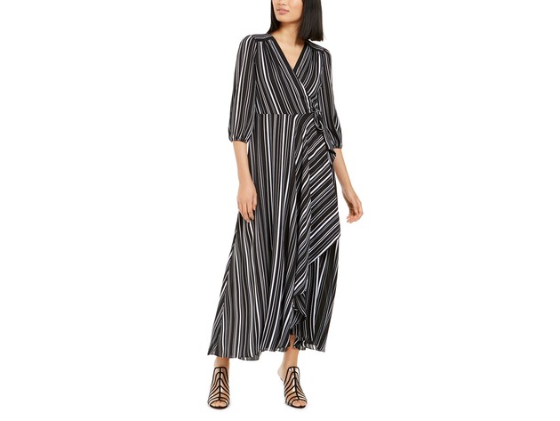 INC International Concepts Women's Volume-Sleeve Striped Wrap Maxi Dress Black Size Large