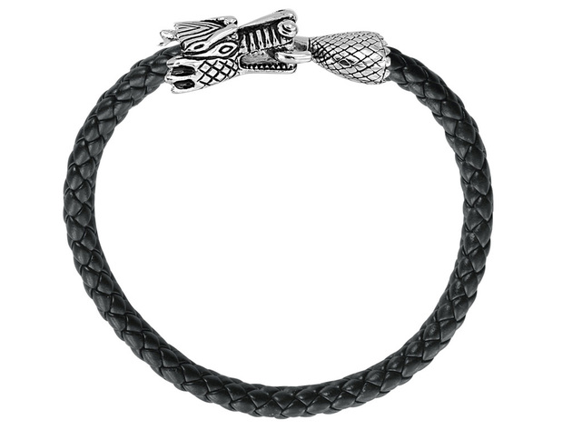 David Sigal Mens Leather Dragon Bracelet in Stainless Steel
