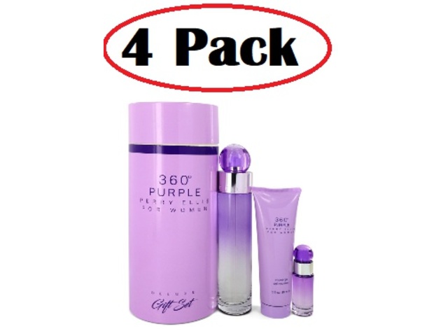 4 Pack of Perry Ellis 360 Purple by Perry Ellis Gift Set -- 3.4 oz Eau De Parfum Spray + .25 oz Mini EDP Spray + 3 oz Shower Gel