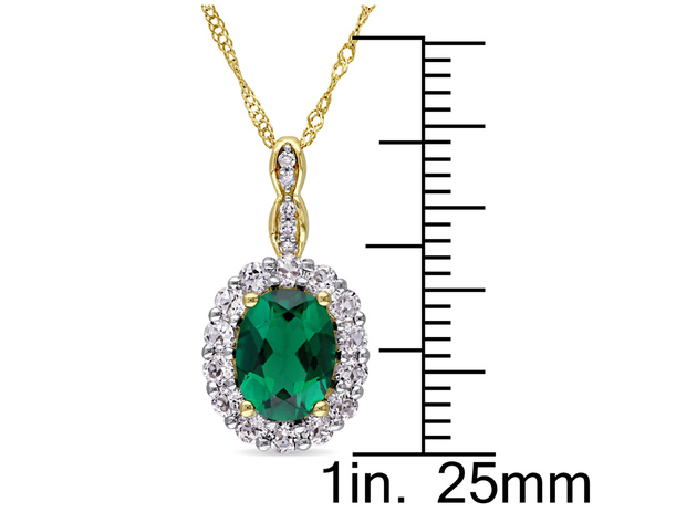 Lab Created Emerald and White Topaz Drop Pendant Necklace 1 5/8 Carat (ctw) in 14K Yellow Gold with Chain
