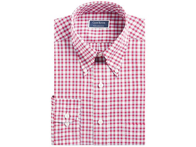 Club Room Men's Performance Plaid Shirt with Pocket Red Size 16x34-35