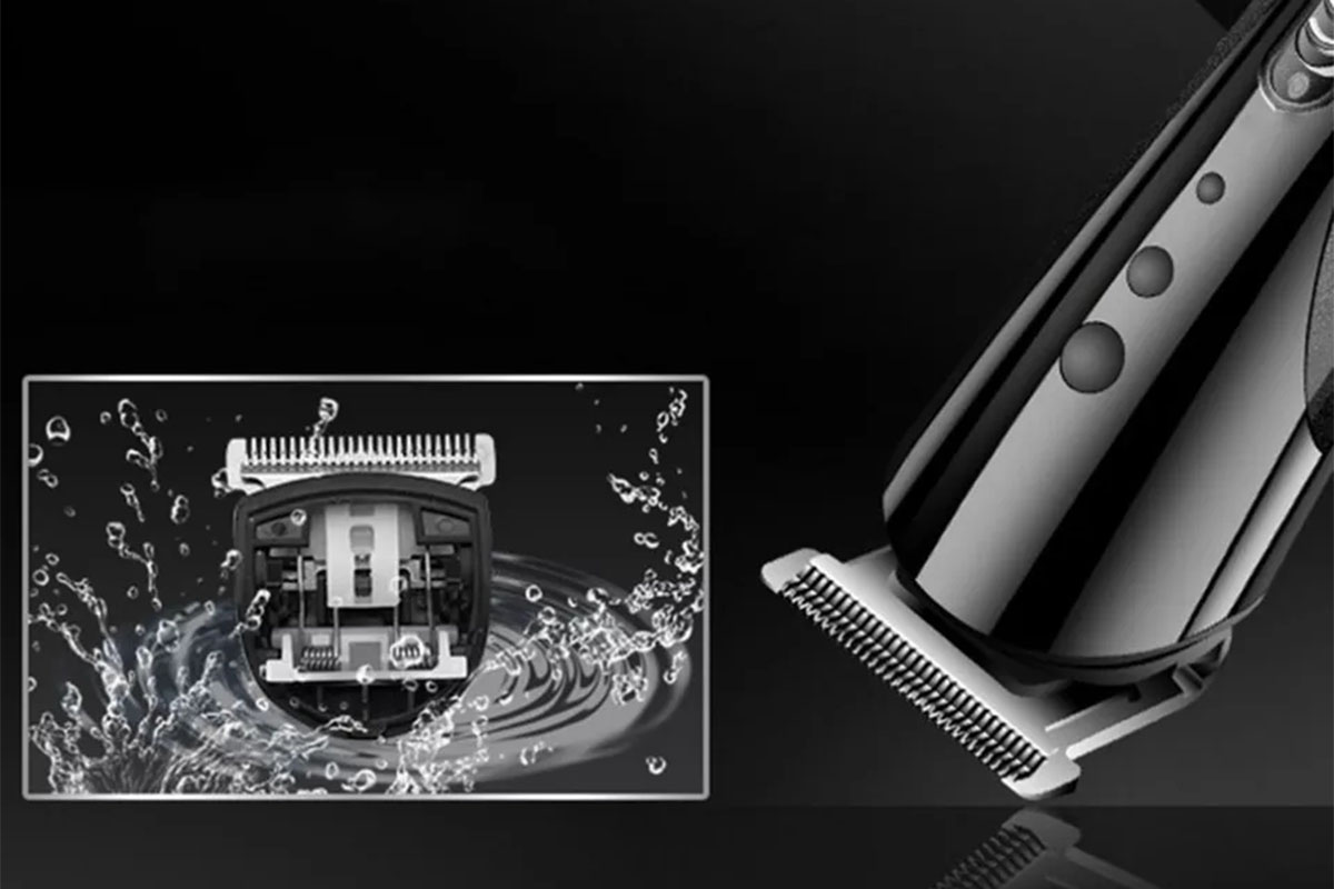 A hair clipper, with an inset image of the clipper's head in water 