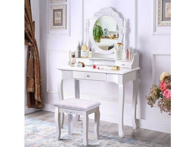 Costway White Vanity Wood Makeup Dressing Table Stool 3 Drawer - White