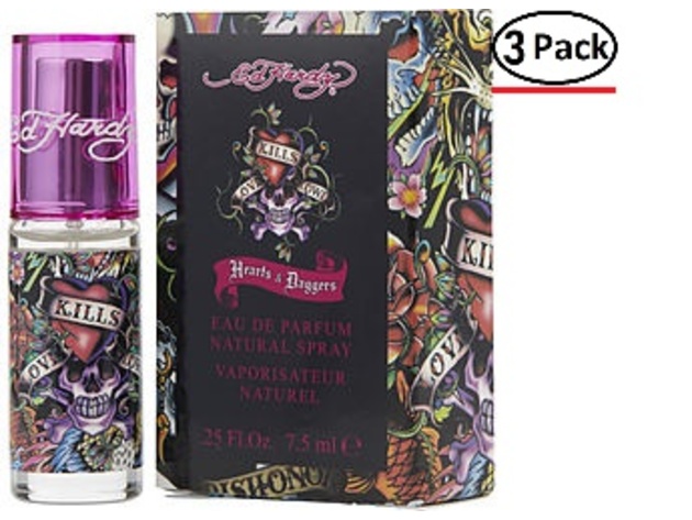 ED HARDY HEARTS & DAGGERS by Christian Audigier EAU DE PARFUM SPRAY MINI .25 OZ for WOMEN ---(Package Of 3)