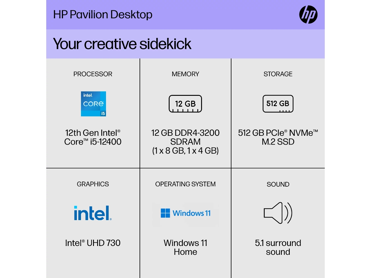 HP Pavilion Desktop TP01-3003w (2021) i5-12400 12GB RAM 512GB SSD Win 11 Home (Open Box)