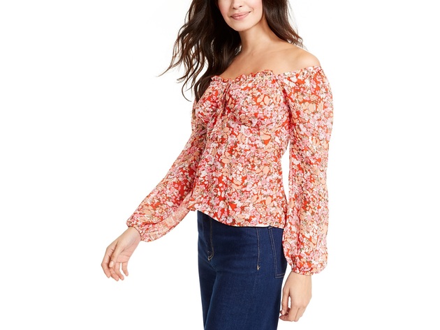 Q & A Women's Floral-Print Off-The-Shoulder Top Red Size Small