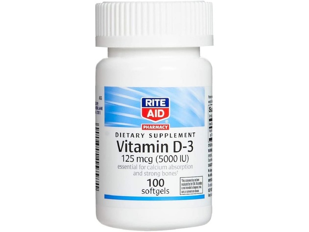 Rite Aid Vitamin D-3 Dietary Supplement Softgels, 125 mcg (5000 IU), Essential Calcium For Bones, 100 Count