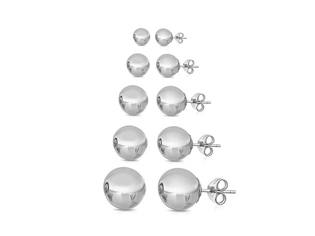 Multi-Sized Ball Stud Earrings: 5 Pairs (Silver)