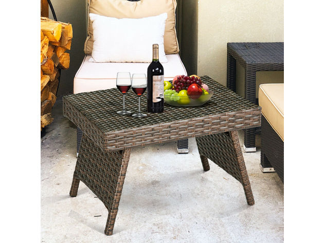 Costway Patio Folding Wicker Side Coffee Table Poolside Garden Lawn Bistro Furniture Mix Brown