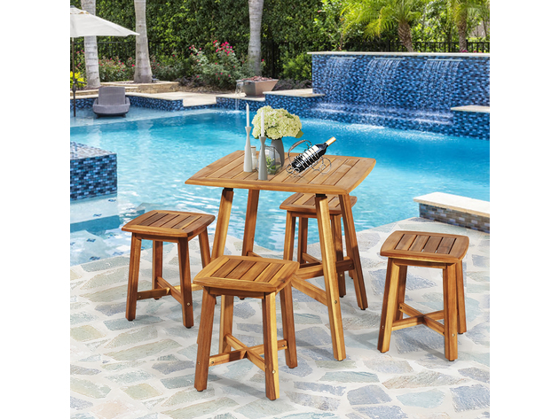 Costway 5 Piece Acacia Patio Dining Set w/Square Table & 4 Stools - Reddish Brown