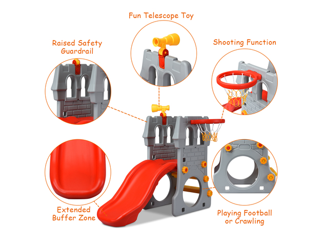 Children Castle Slide Play Slide with Basketball Hoop and Telescope Toy - Red & Gray & Yellow