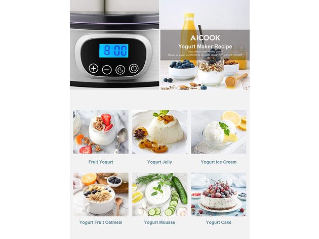 AICOOK Automatic Digital Yogurt Maker, 30W, Timer Control & LCD Display, 304 Stainless Steel Body