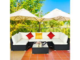 7 Piece Patio Rattan Furniture Set Sectional Sofa Cushioned Glass Table Steel Frame