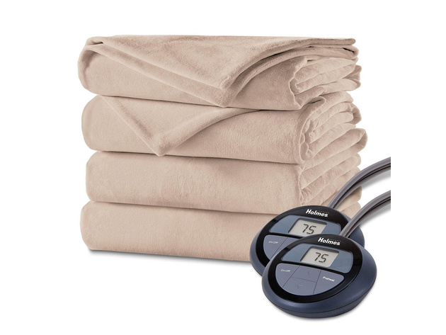 Holmes Channeled Velvet Plush Electric Heated Blanket Queen Sand 10 Heat Setting Washable - Sand