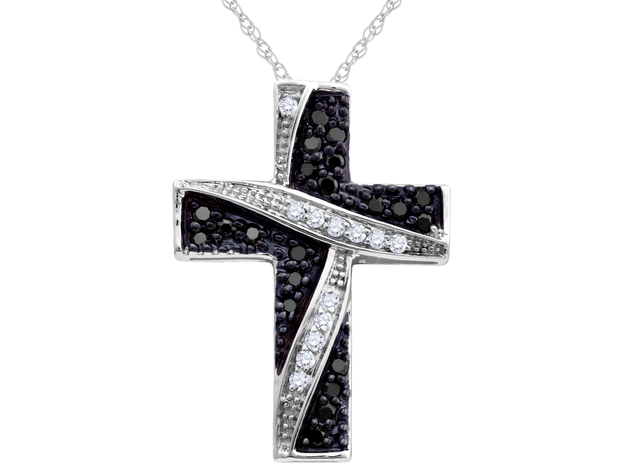 White and Black Diamond Cross Pendant Necklace 1/4 Carat (ctw) in 10K White Gold with Chain