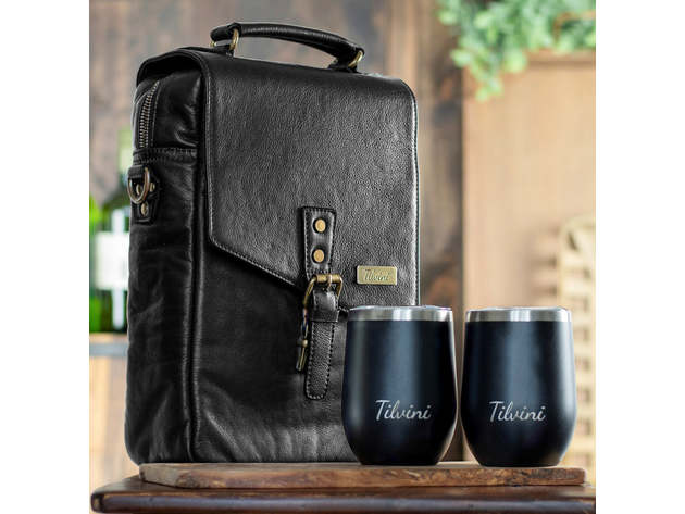 Black Insulated Genuine Leather Wine Carrier Bag & 2 Wine Tumblers. Wine Cooler Bag For Women & Men