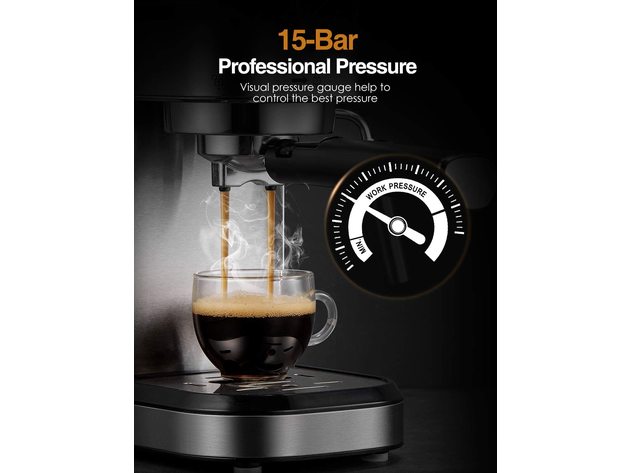 Brewsly 15 Bar Espresso Machine, Stainless Steel Compact Espresso Maker with Milk Frother Wand , Professional Coffee Machine for Espresso, Cappuccino and Latte
