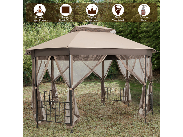 Costway 10' x 12' Octagonal Patio Gazebo Canopy Shelter Double Top W/Netting Sidewalls - Brown