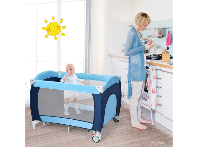 Pink Portable Folding Infant Baby Crib Playpen Bassinet Bed Bug Net Music Wheels 