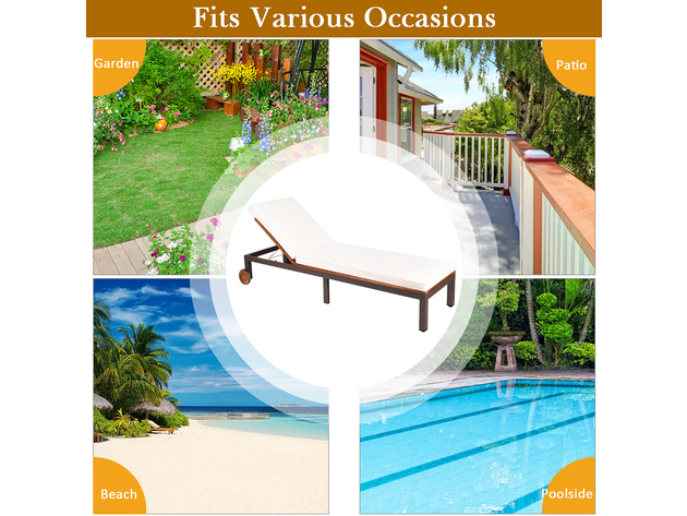 Costway Patio Acacia Wood Lounge Chair Chaise Recliner Adjustable Backrest Cushion Wheel - White