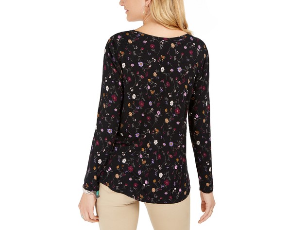 Style & Co Women's Floral-Print Twist-Front Top Black Size Medium