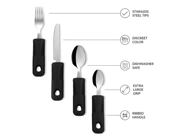 Homvare 4-Piece Kitchen Set, Adaptive Utensils with Wide, Non-Weighted, Non-Slip Handles for Hand Tremors - Black