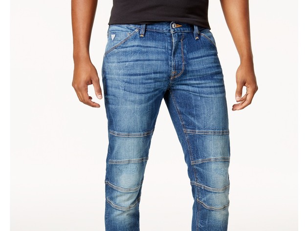 Guess Men's Slim-Fit Tapered Stretch Destroyed Moto Jeans Blue Size 29X30