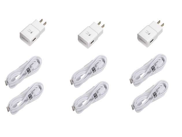 Samsung Fast Charging Adapter Travel Charger + (2) 5 foot Micro USB Data Cables - White 3 Pack