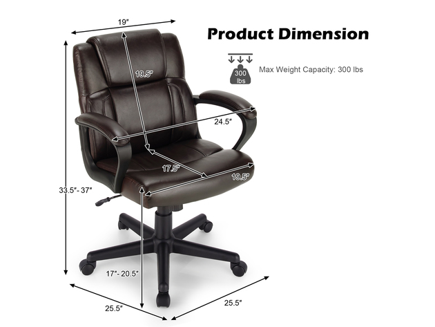 Costway Executive Leather Office Chair Adjustable Computer Desk Chair w/ Armrest - Brown