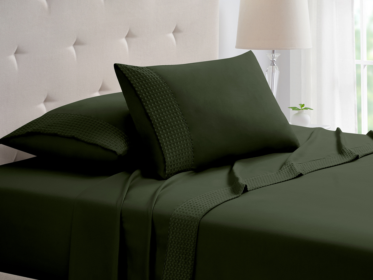 4-Piece Bamboo Blend Waffle Hem Sheet Set (Hunter Green/Queen)