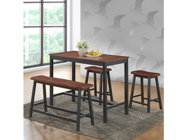 Costway 4 Pcs Solid Wood Counter Height Table Set w/ Height Bench & Two Saddle Stools