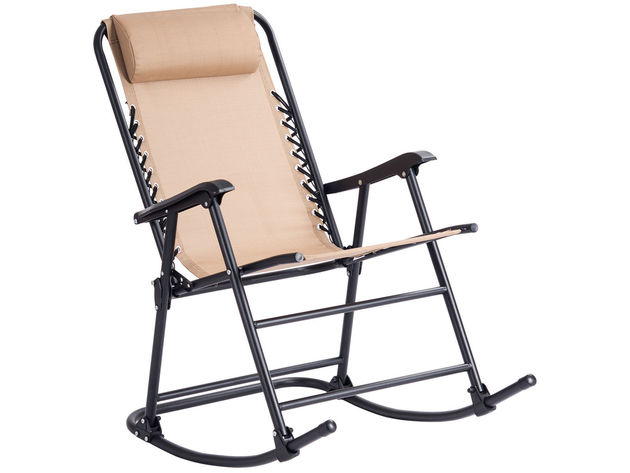 Folding Zero Gravity Rocking Chair Rocker Porch  Outdoor Patio Headrest Beige 