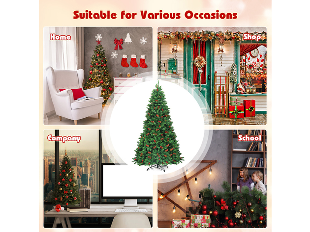 Costway 4.5Ft\6.5Ft\7.5Ft Pre-lit Hinged Christmas Tree w/ Pine Cones Red Berries and 300\450\450 LED Lights