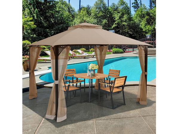 Costway 12 X 10 Outdoor Patio Gazebo Canopy Shelter Double Top Sidewalls Netting Brown Stacksocial Outdoor Patio Gazebo Canopy Shelter, Outdoor Patio Gazebo Canopy