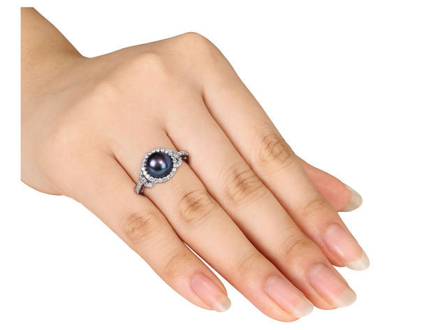 Black Freshwater Cultured Pearl 8.5-9mm and Cubic Ring In Sterling Silver - 9