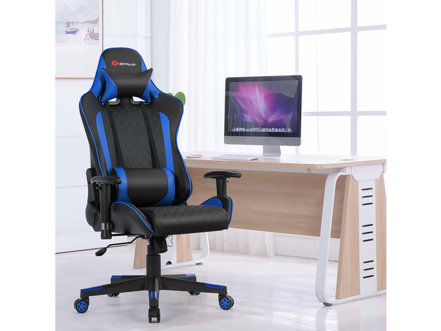 Goplus Massage Gaming Chair Reclining Racing Chair w/Lumbar Support and Headrest White\Blue\Pink\Red - Blue