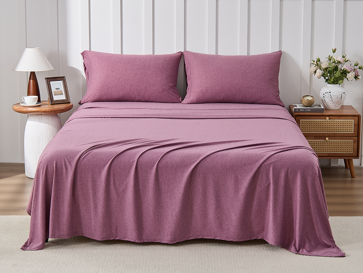 Kathy Ireland 4 Piece Heathered Jersey Knit Cotton Sheet Set (Full/Rose)