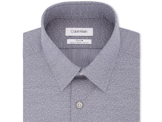Calvin Klein Men's Steel Slim-Fit Stretch Performance Non-Iron Blue Dot-Print Dress Shirt Navy Size 15-32-33