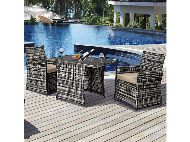Costway 3 Piece Outdoor Patio Rattan Wicker Furniture Set Armrest Sofa Cushion Mix Brown